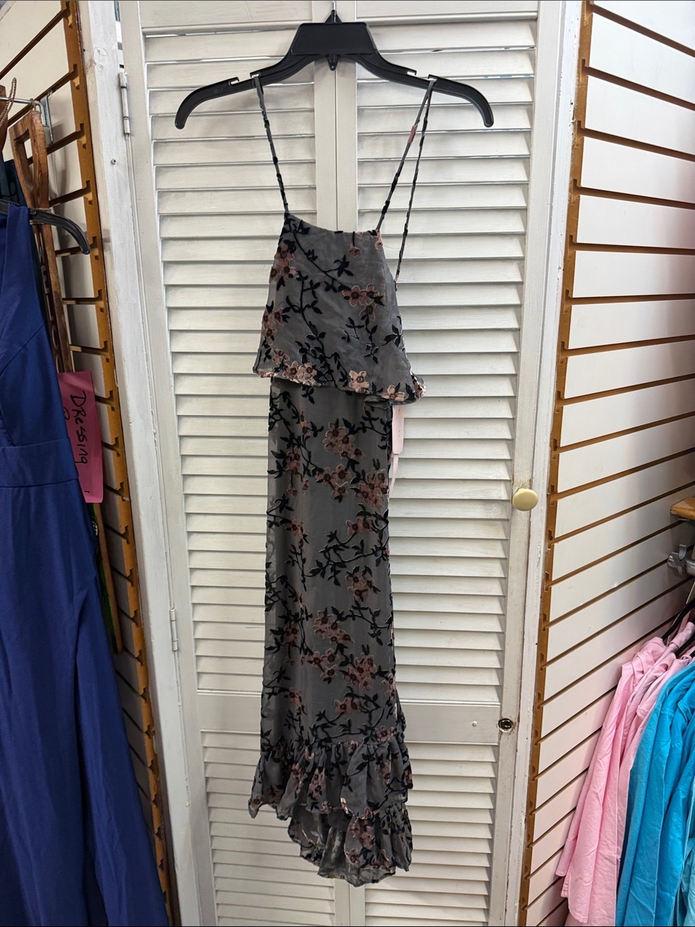 Floral Ruffled Slip Dress - Gray with Pink Floral